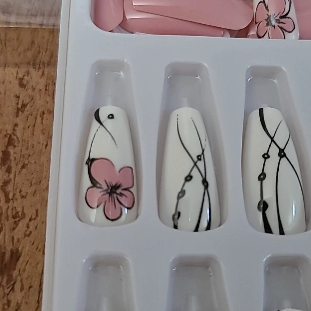 2/$16 Pink Floral Coffin Press On Nails